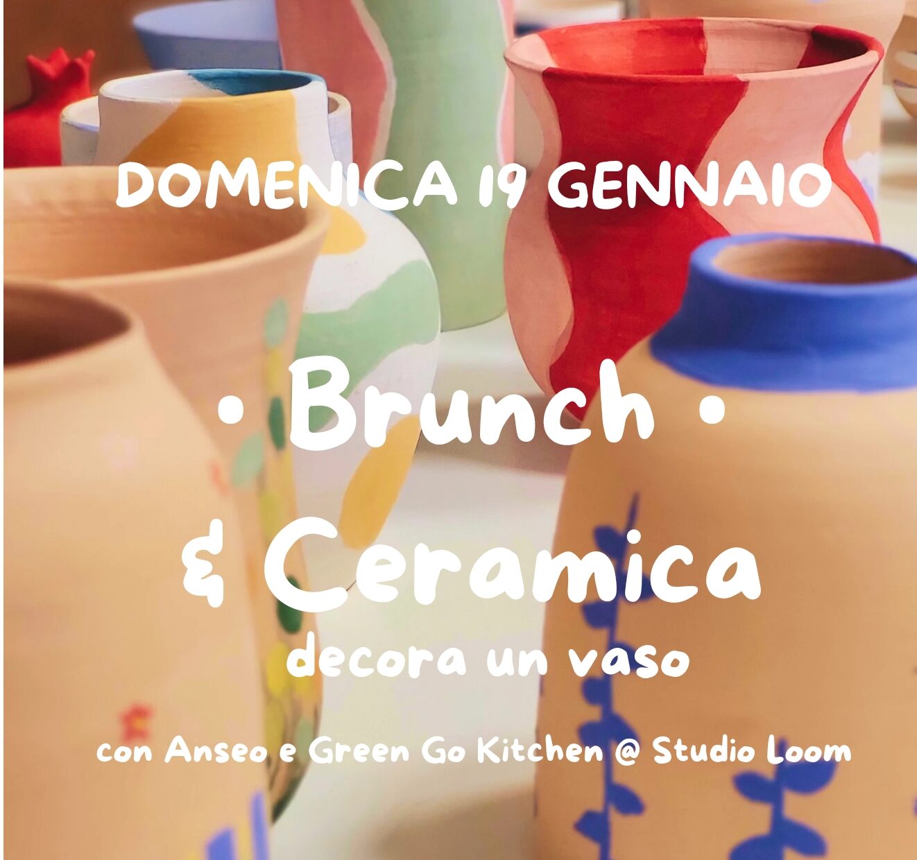 Locandina dell'evento brunch e ceramica a Modena con Anseo e Green Go Kitchen da Studio Loom